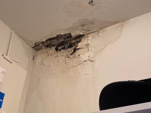 severe water damage and mold on the ceiling inside a home