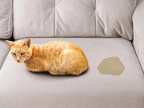 An orange cat laying on a grey couch with urine next to the cat. The cat looks suspicious...