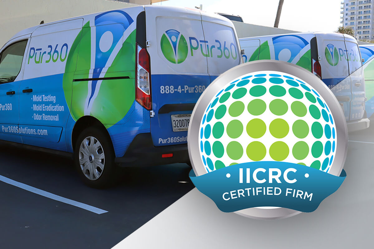 Pur360 service trucks and IICRC Certified Firm logo